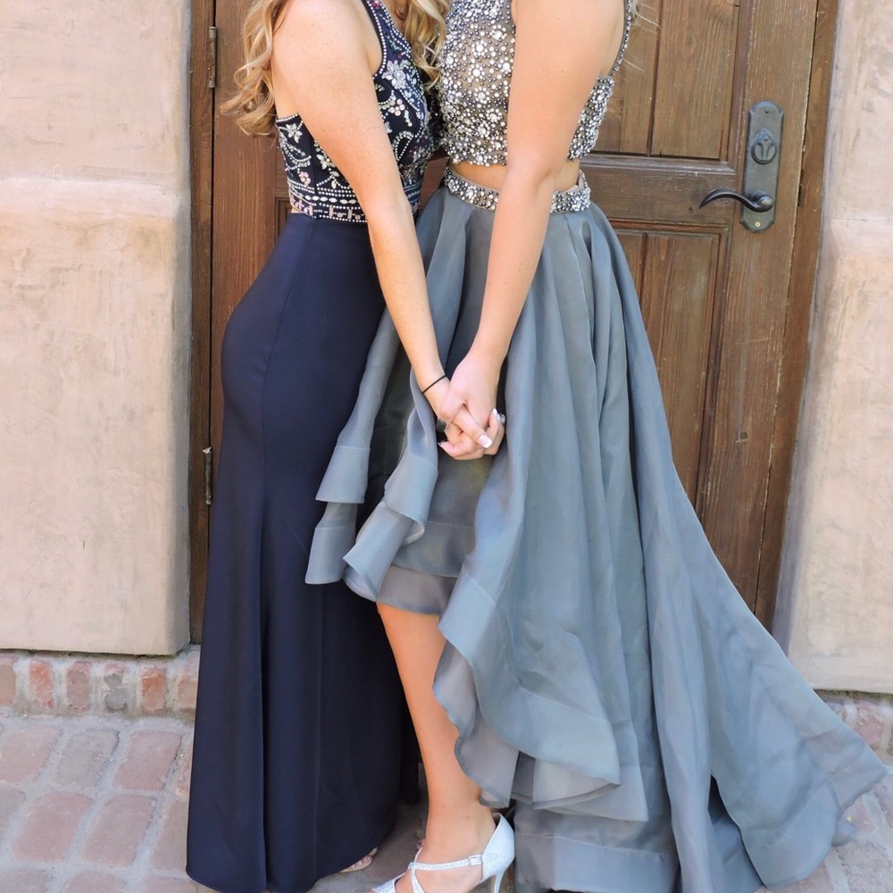 Long and Sparkly Gray Two-Piece Prom Dress - Picture 2 of 6